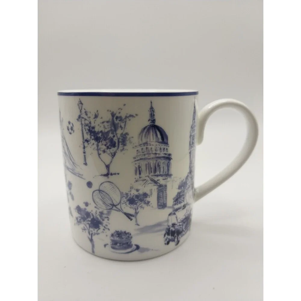 Marks & Spencer London Navy Toile Mug Fine Bone China Blue White Discontinued EC